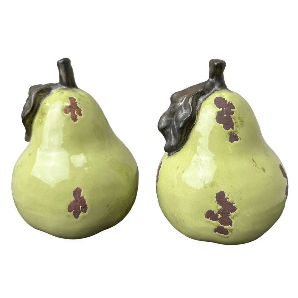 Set of 2 Ceramic Hand Painted Pear Figurines Green Distressed Decor 7” Tall